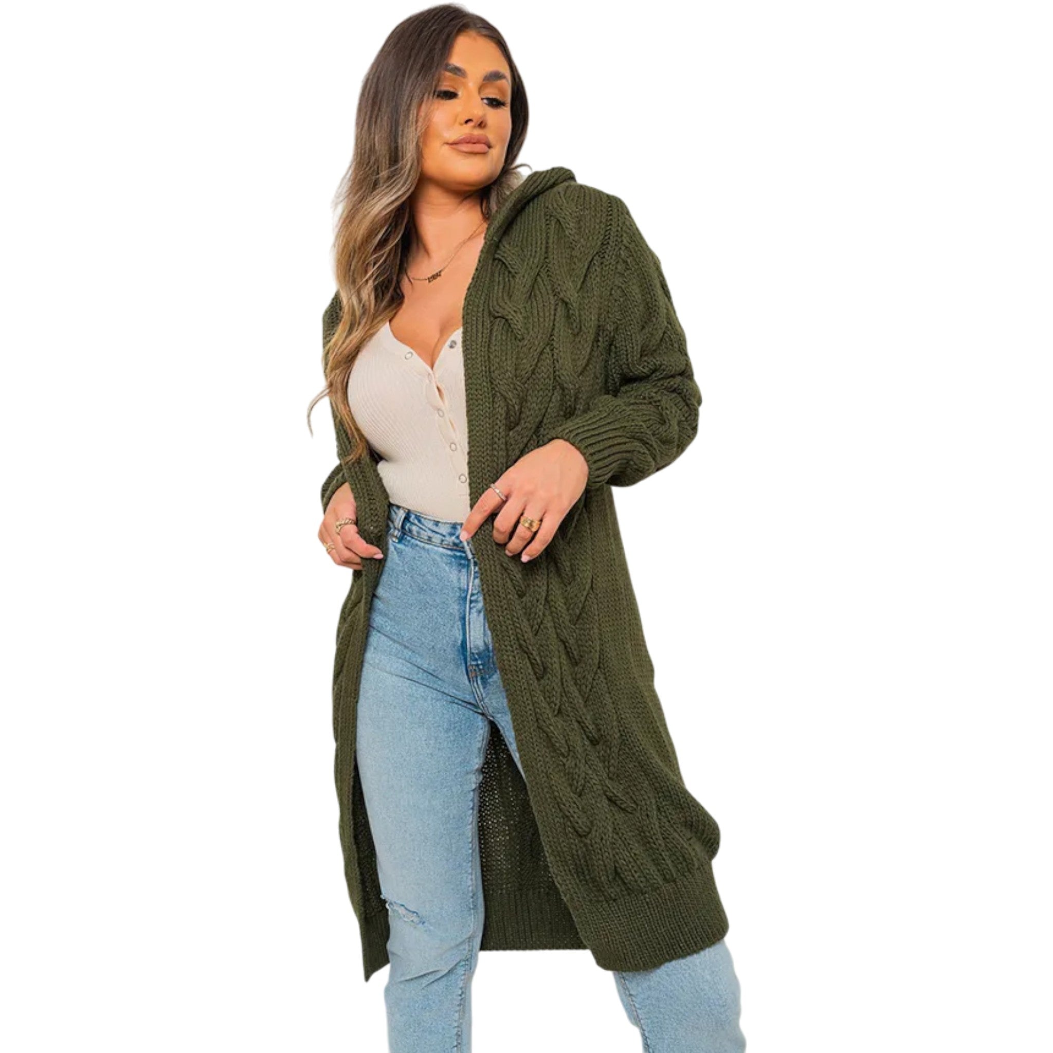 Ladies Italian Khaki cable knit open-front longline cardigan for women